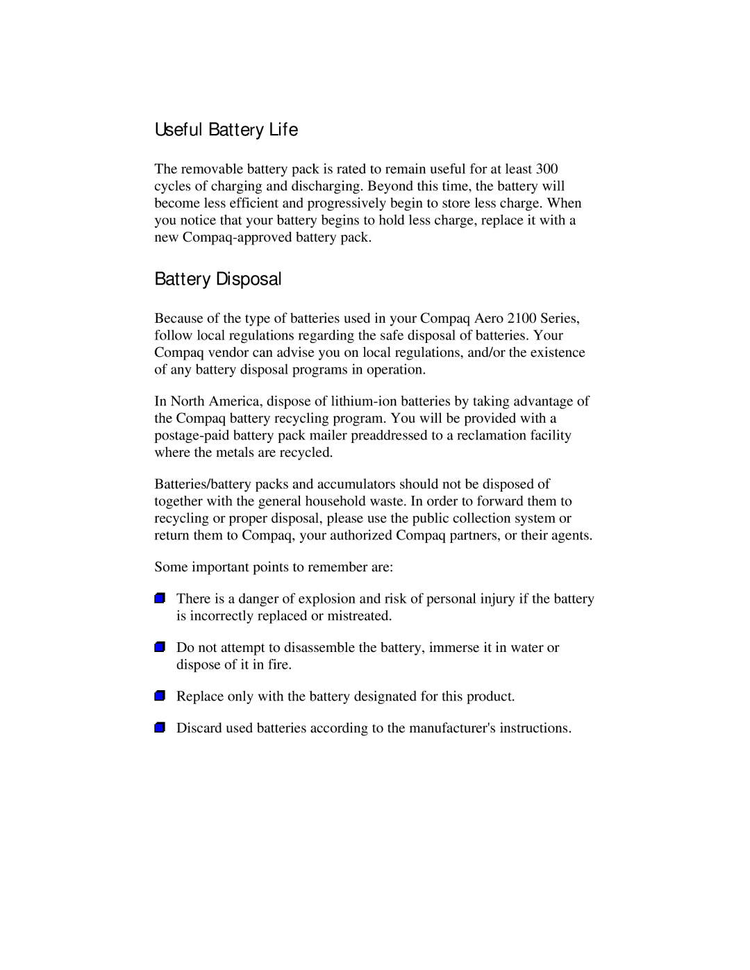 Compaq 2100 manual Useful Battery Life, Battery Disposal 