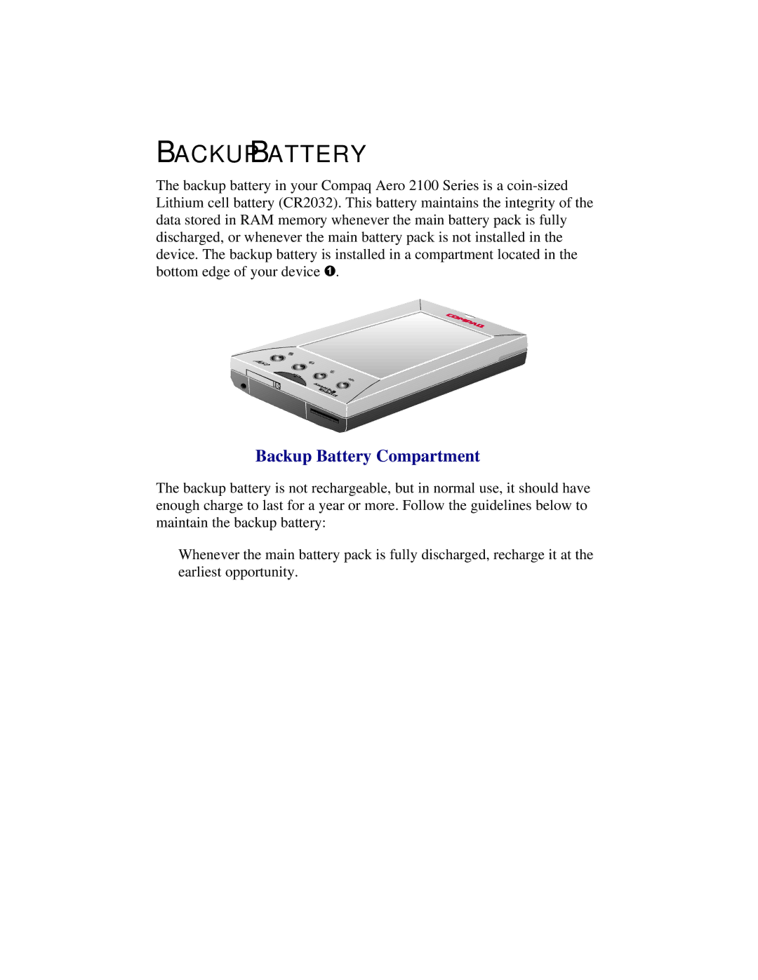 Compaq 2100 manual Backup Battery Compartment 