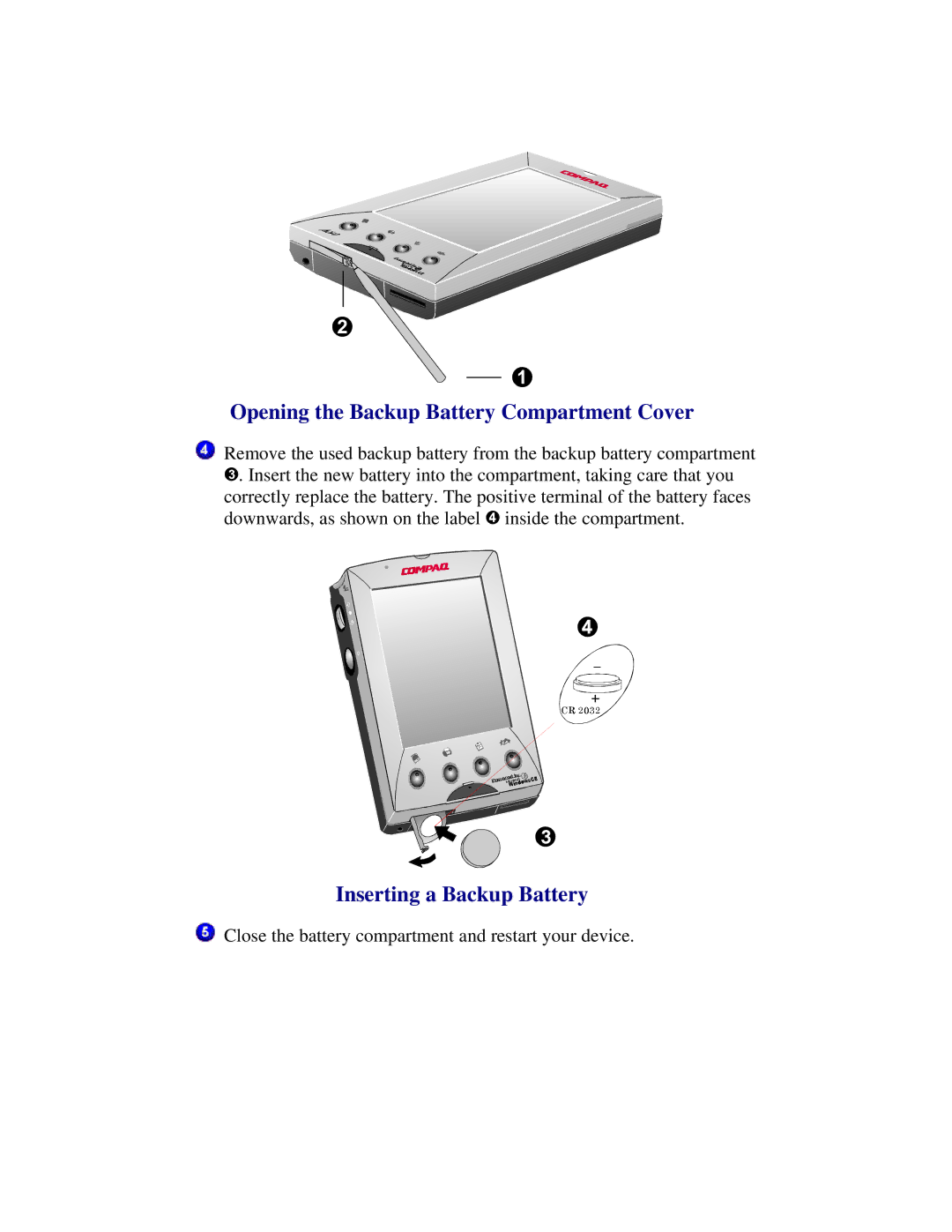 Compaq 2100 manual Opening the Backup Battery Compartment Cover, Inserting a Backup Battery 