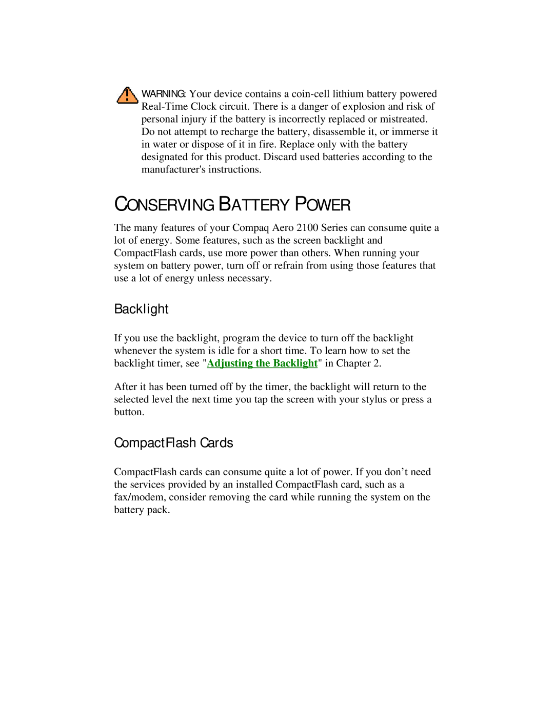 Compaq 2100 manual Conserving Battery Power, Backlight, CompactFlash Cards 