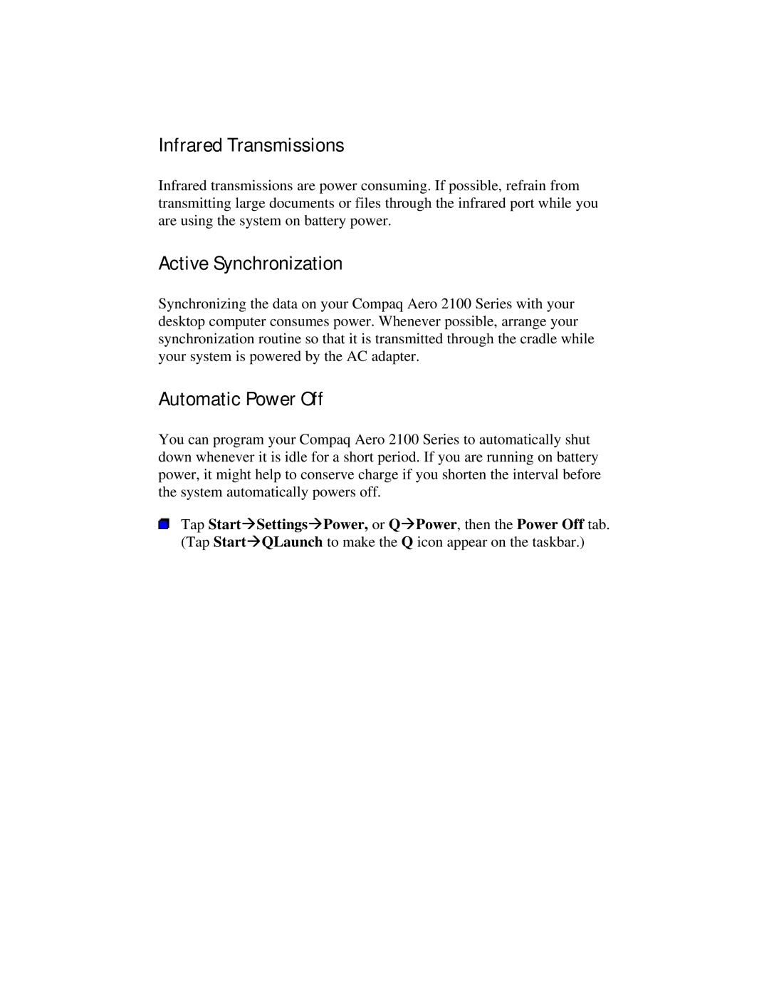 Compaq 2100 manual Infrared Transmissions, Active Synchronization, Automatic Power Off 