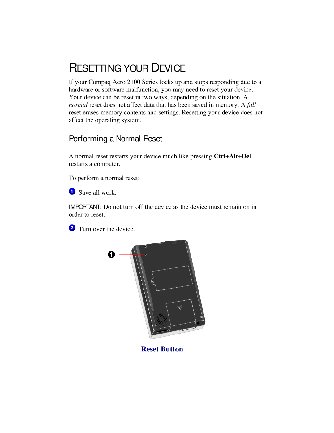 Compaq 2100 manual Resetting Your Device, Performing a Normal Reset, Reset Button 