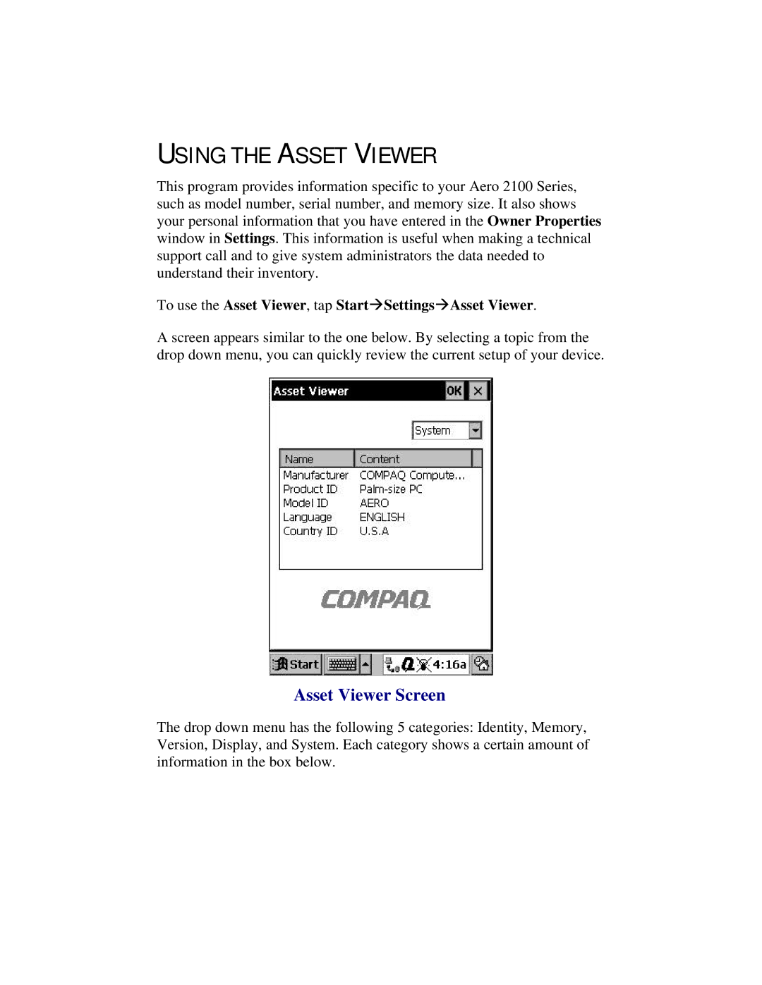 Compaq 2100 manual Using the Asset Viewer, Asset Viewer Screen 