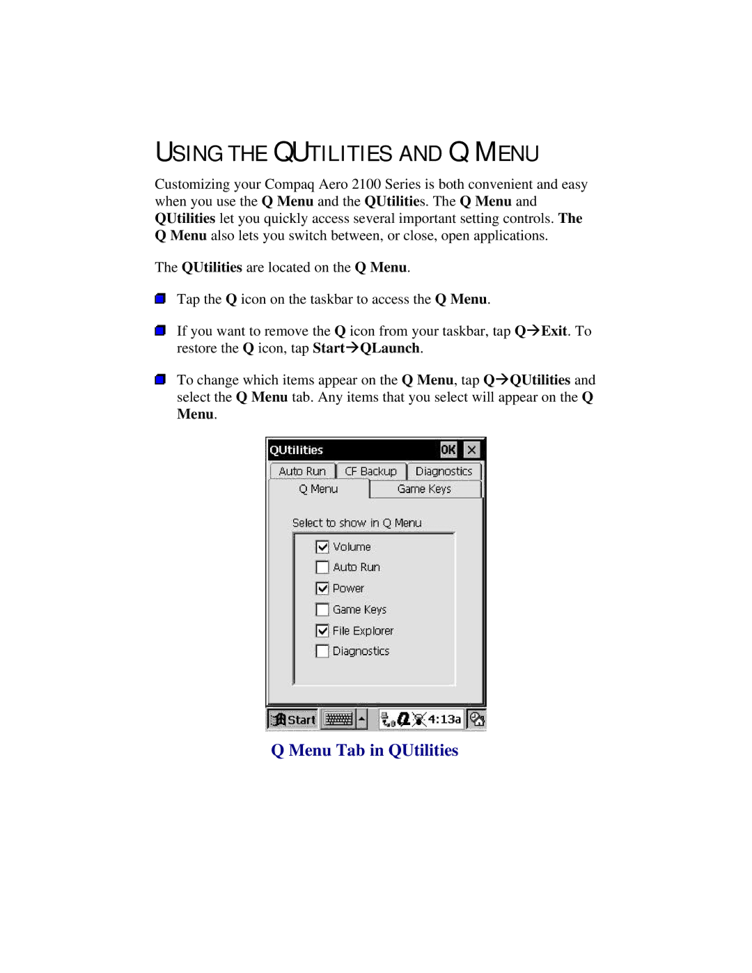 Compaq 2100 manual Using the Qutilities and Q Menu, Menu Tab in QUtilities 