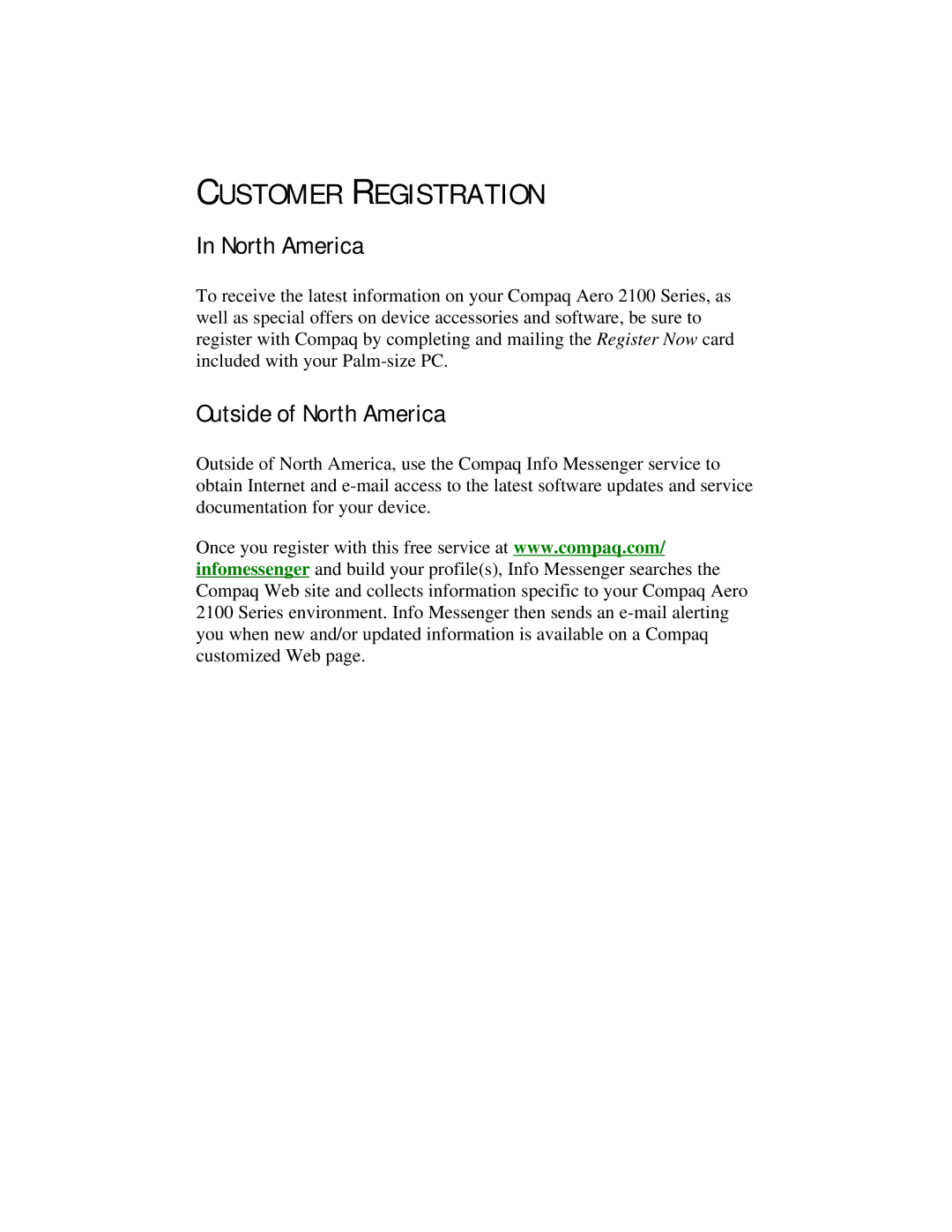 Compaq 2100 manual Customer Registration, Outside of North America 