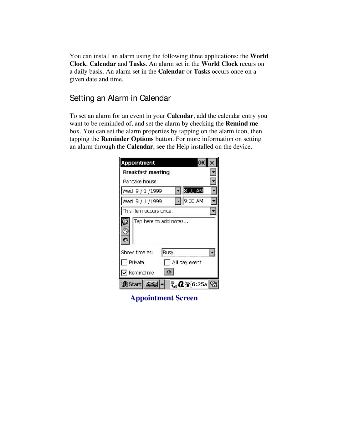 Compaq 2100 manual Setting an Alarm in Calendar, Appointment Screen 