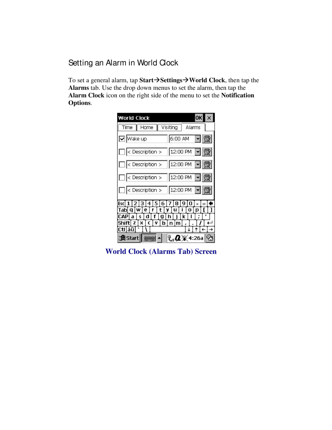 Compaq 2100 manual Setting an Alarm in World Clock, World Clock Alarms Tab Screen 