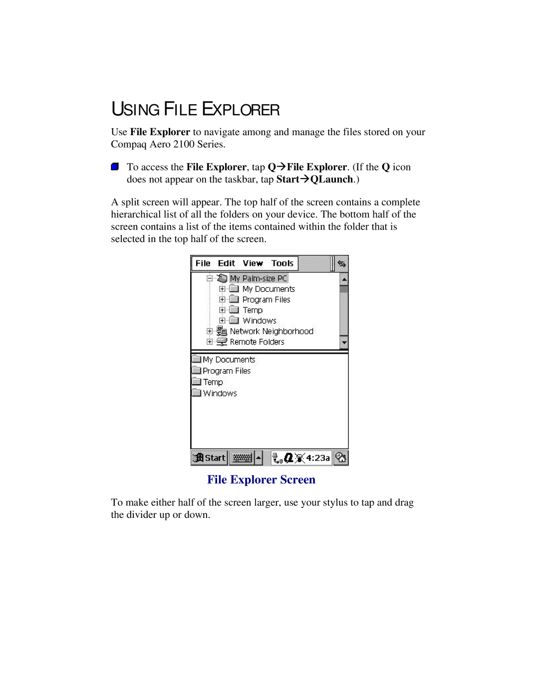 Compaq 2100 manual Using File Explorer, File Explorer Screen 