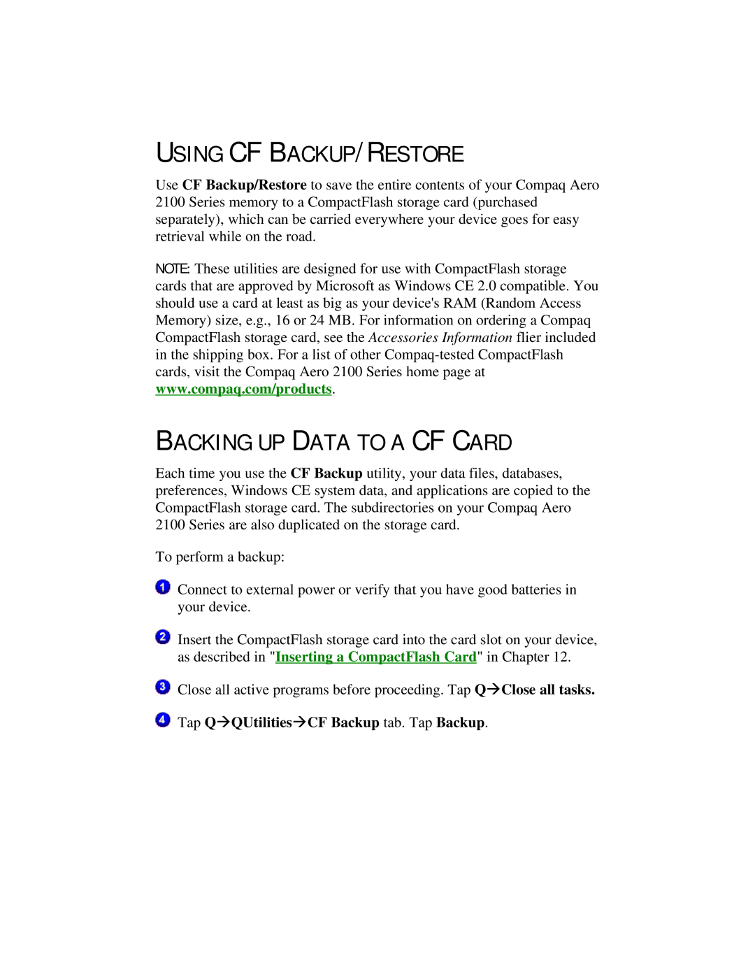 Compaq 2100 manual Using CF BACKUP/RESTORE, Backing UP Data to a CF Card 