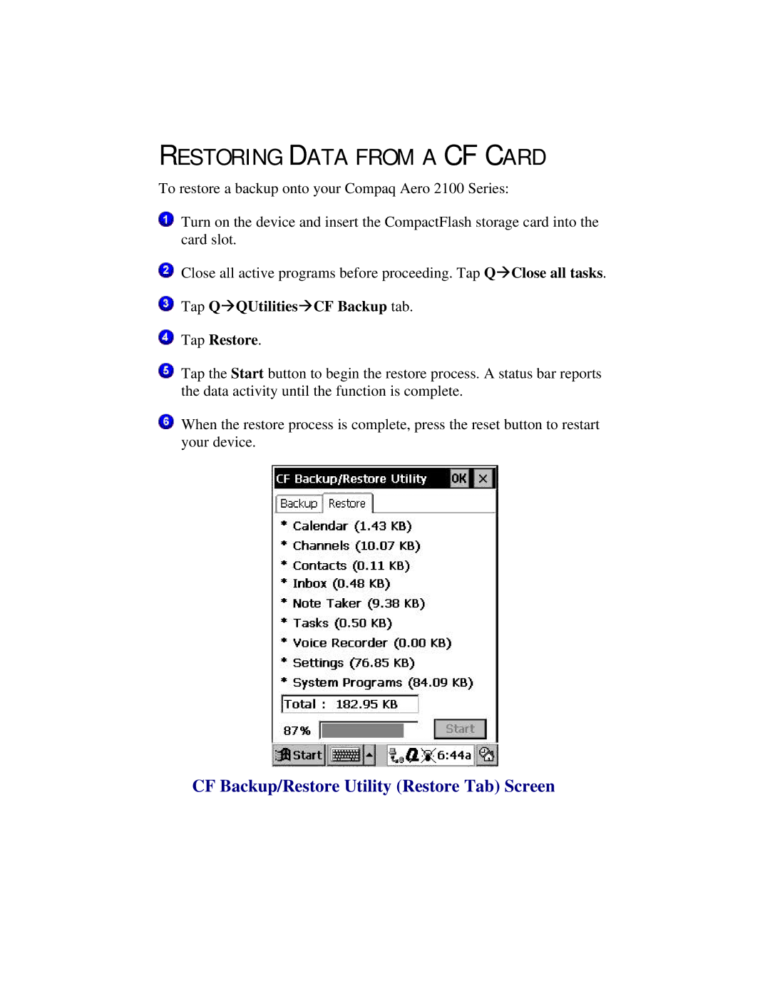 Compaq 2100 manual Restoring Data from a CF Card, CF Backup/Restore Utility Restore Tab Screen 