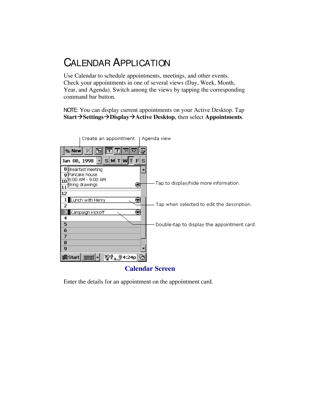 Compaq 2100 manual Calendar Application, Calendar Screen 