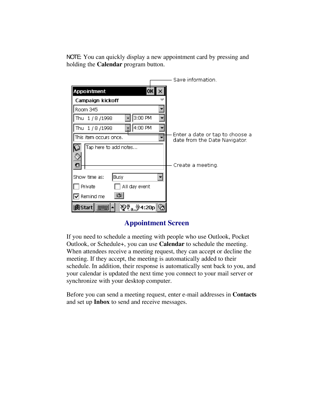 Compaq 2100 manual Appointment Screen 