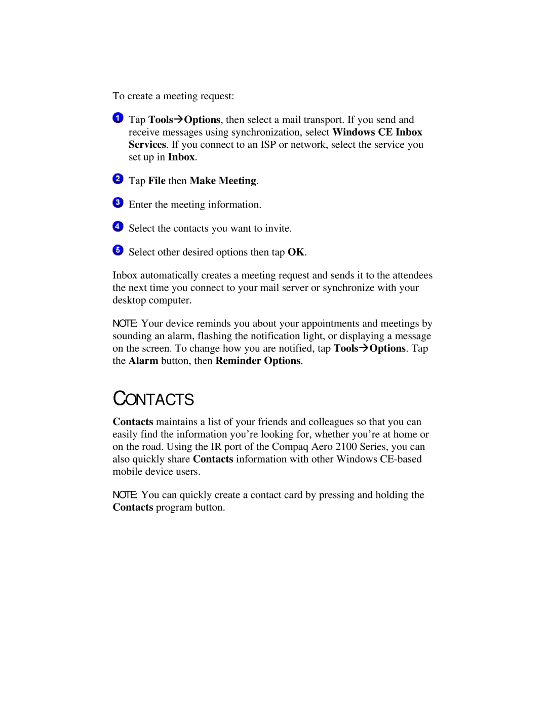 Compaq 2100 manual Contacts, Tap File then Make Meeting 