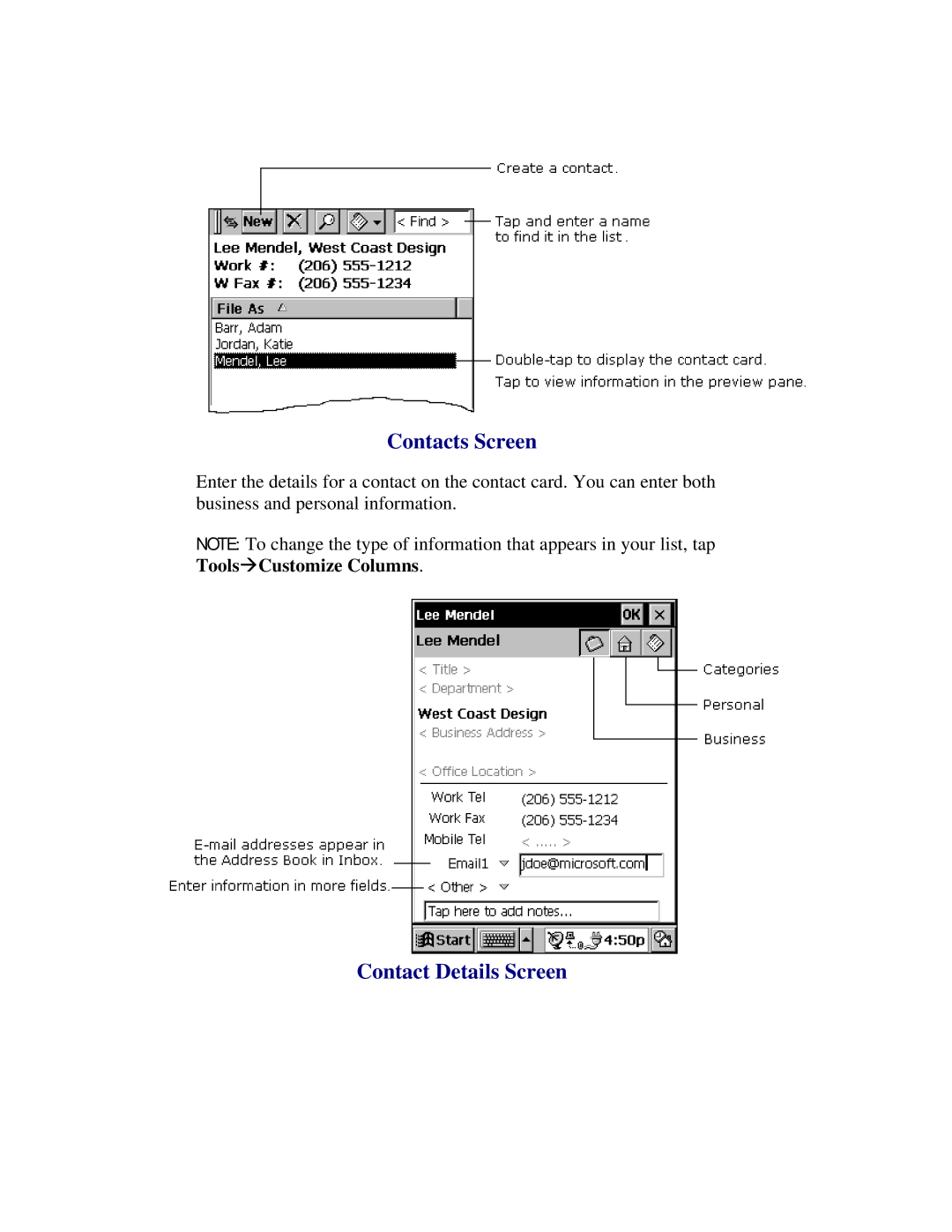 Compaq 2100 manual Contacts Screen, Contact Details Screen 