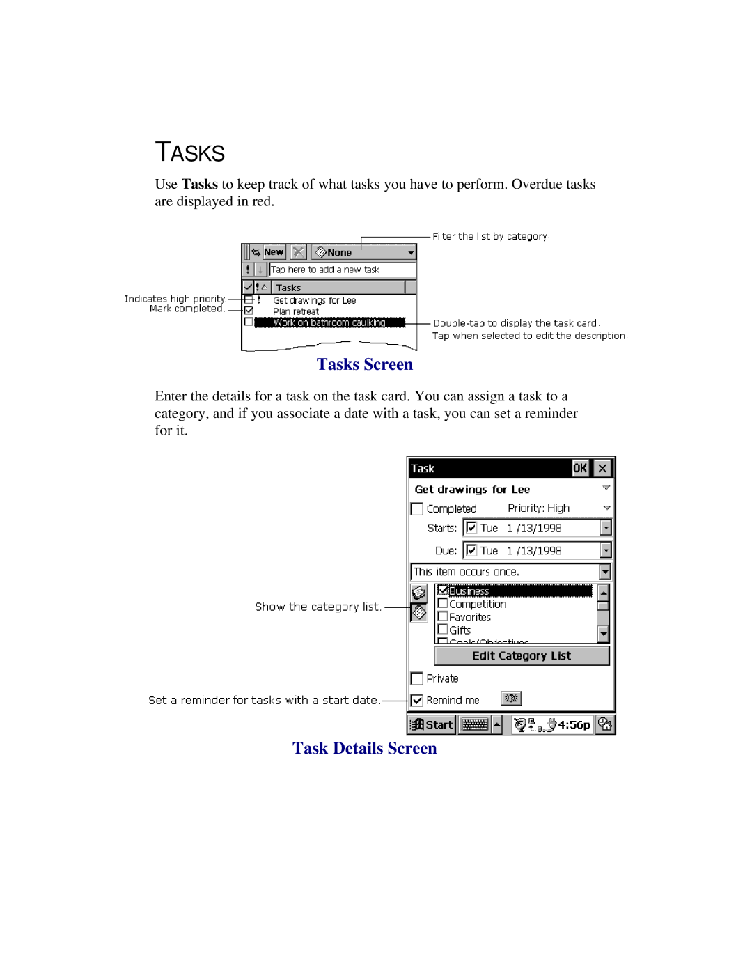 Compaq 2100 manual Tasks Screen, Task Details Screen 