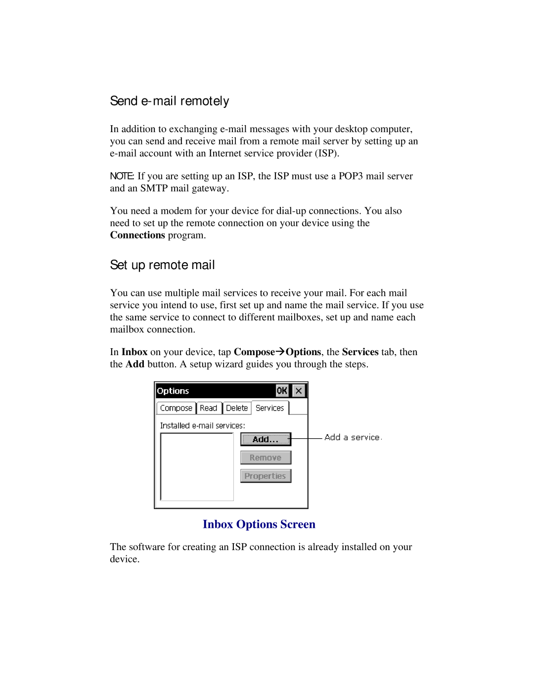 Compaq 2100 manual Send e-mail remotely, Set up remote mail, Inbox Options Screen 