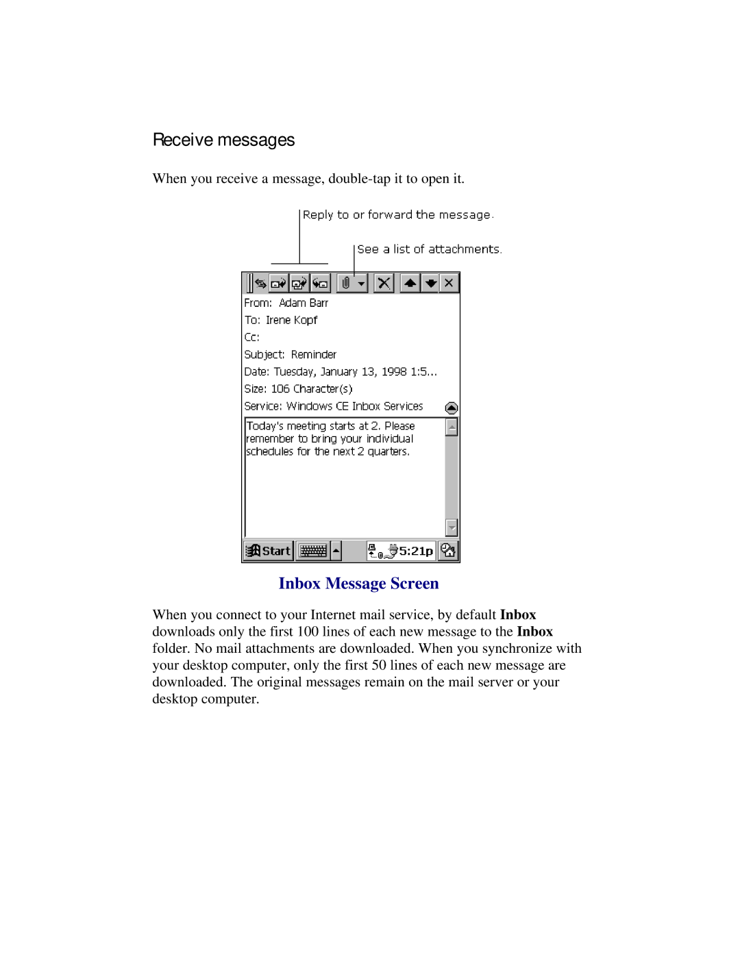 Compaq 2100 manual Receive messages, Inbox Message Screen 