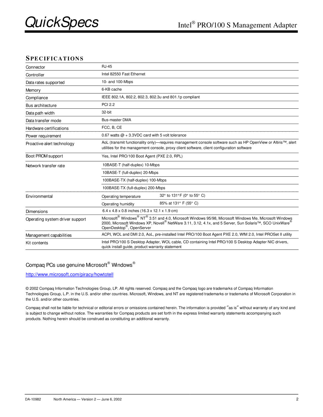 Compaq 212953-B21 specifications Specifications 