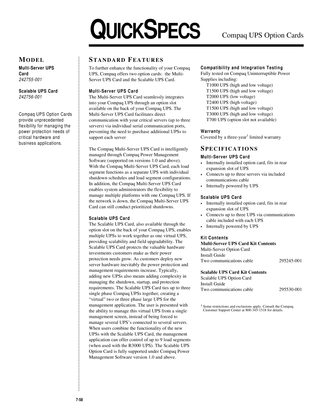 Compaq 21367 warranty Quickspecs, Compaq UPS Option Cards, D E L, Tandard F Eatures, Pecifications 