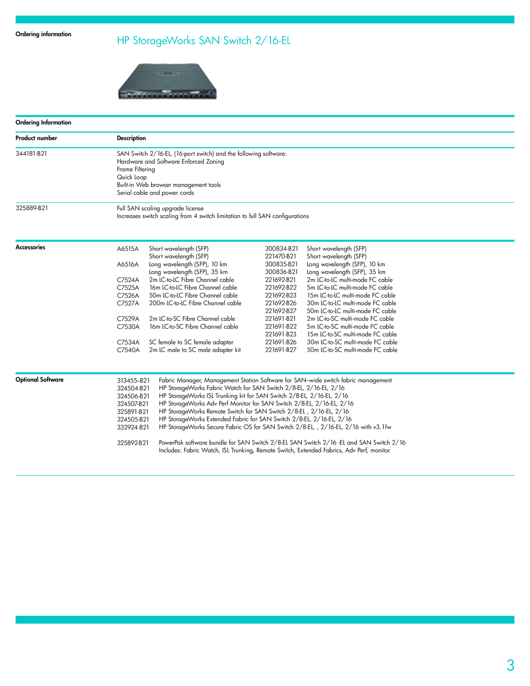 Compaq manual HP StorageWorks SAN Switch 2/16-EL, Ordering information 