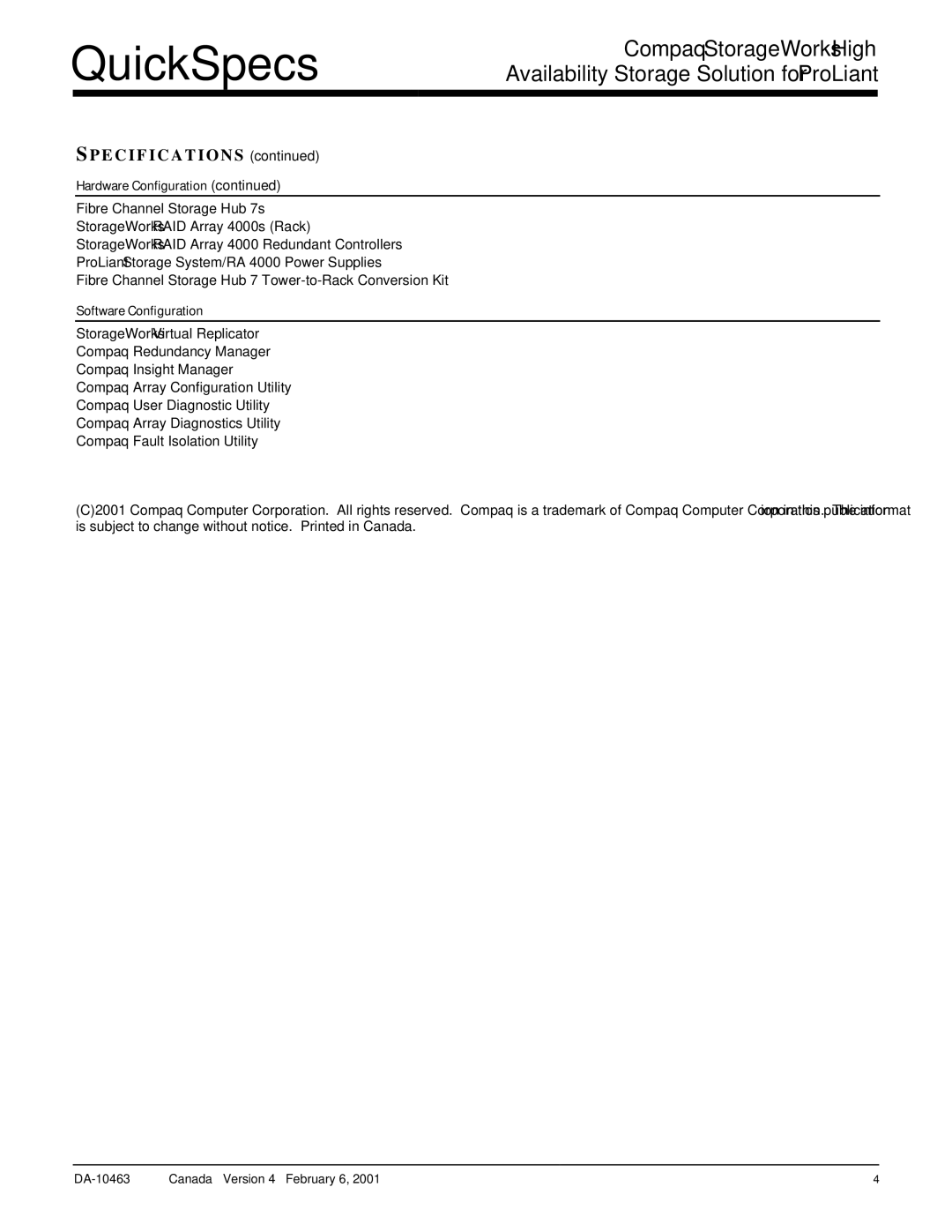 Compaq 223100 manual Specifications, Software Configuration 