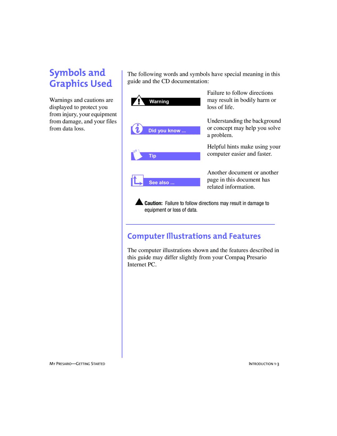 Compaq 228399-373 manual Symbols and Graphics Used, Computer Illustrations and Features 