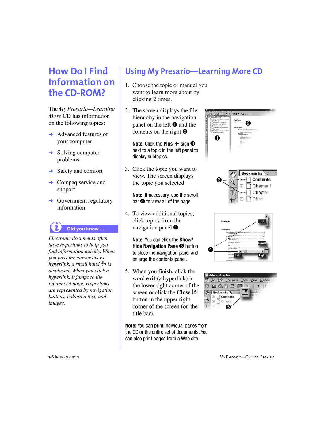 Compaq 228399-373 manual How Do I Find Information on the CD-ROM?, Using My Presario-Learning More CD 