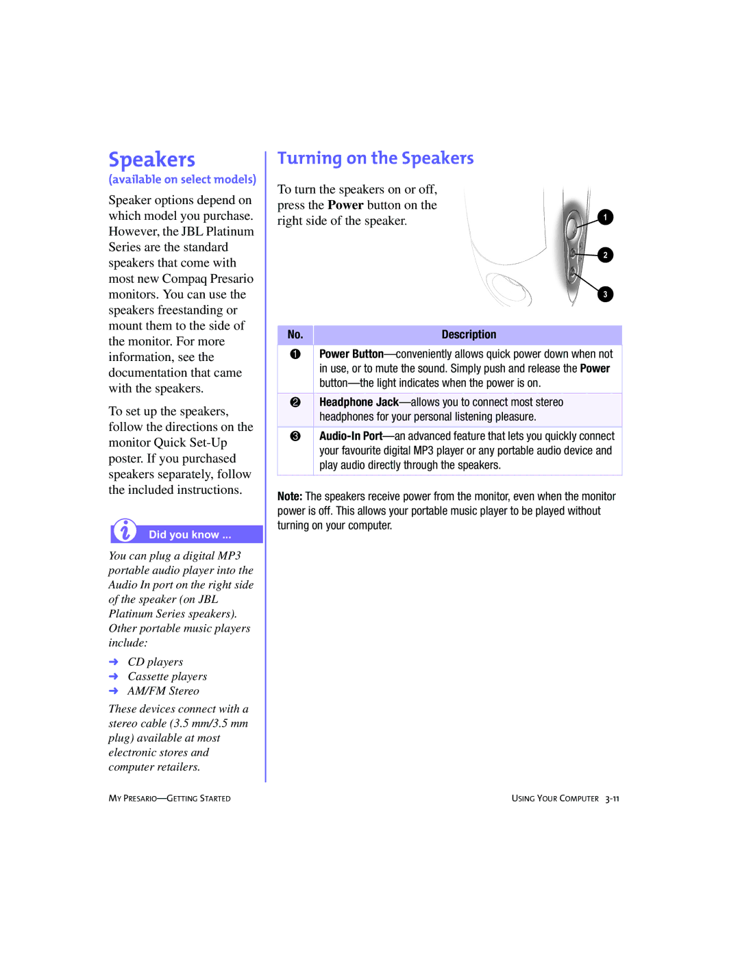 Compaq 228399-373 manual Turning on the Speakers 