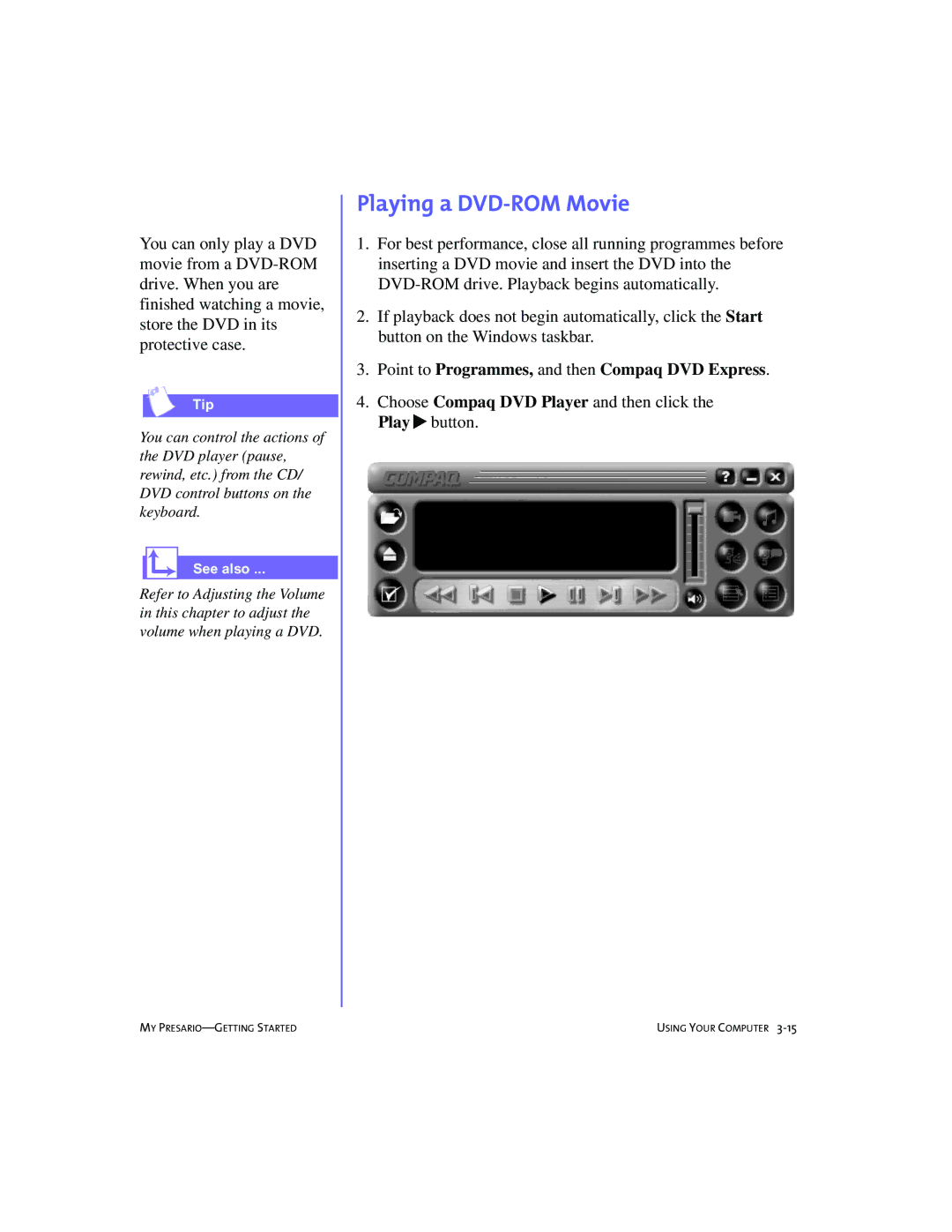 Compaq 228399-373 manual Playing a DVD-ROM Movie, Point to Programmes, and then Compaq DVD Express 