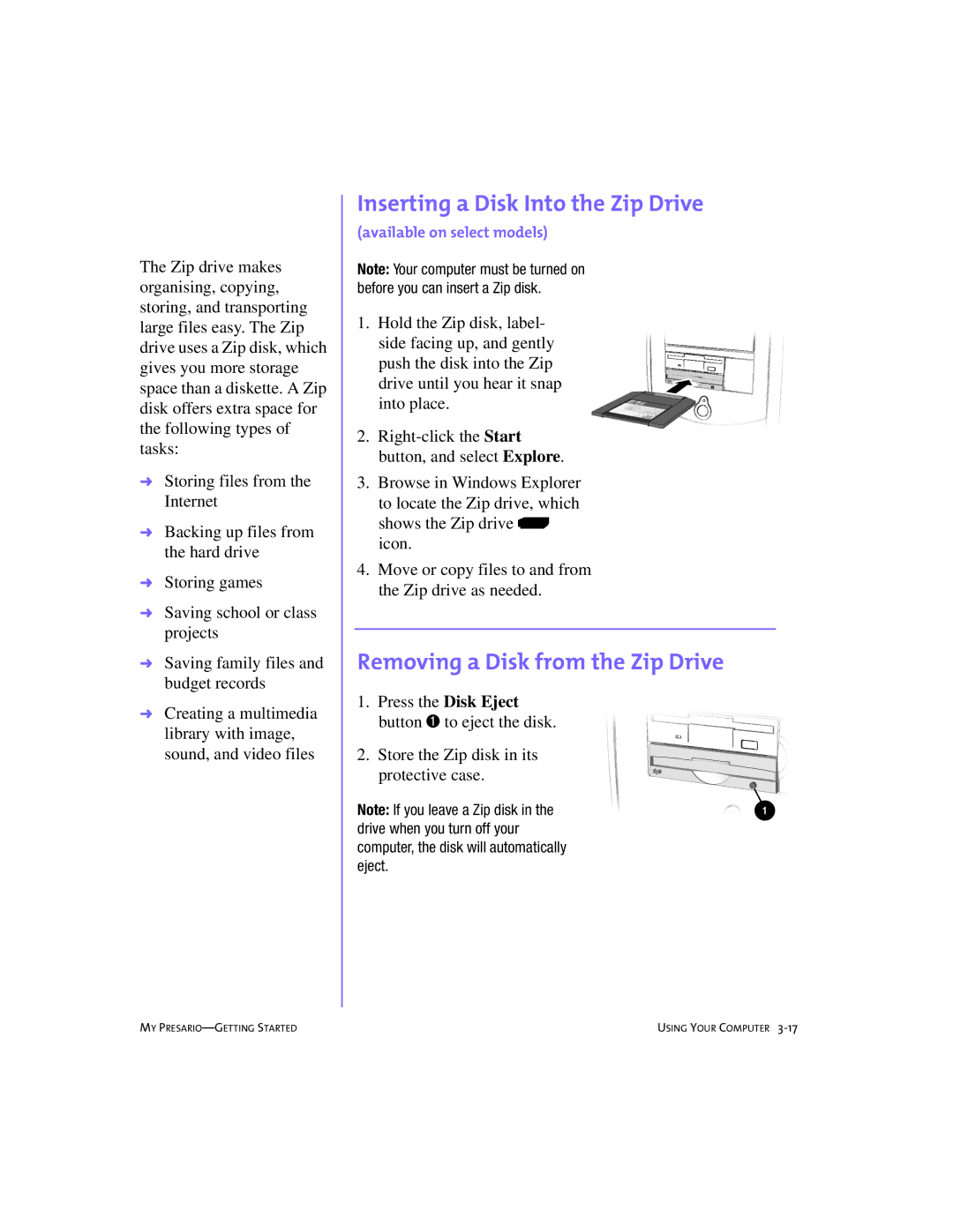 Compaq 228399-373 manual Inserting a Disk Into the Zip Drive, Removing a Disk from the Zip Drive 