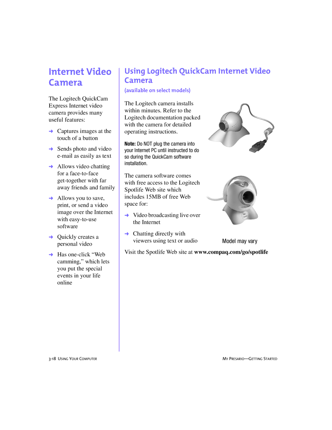 Compaq 228399-373 manual Using Logitech QuickCam Internet Video Camera 