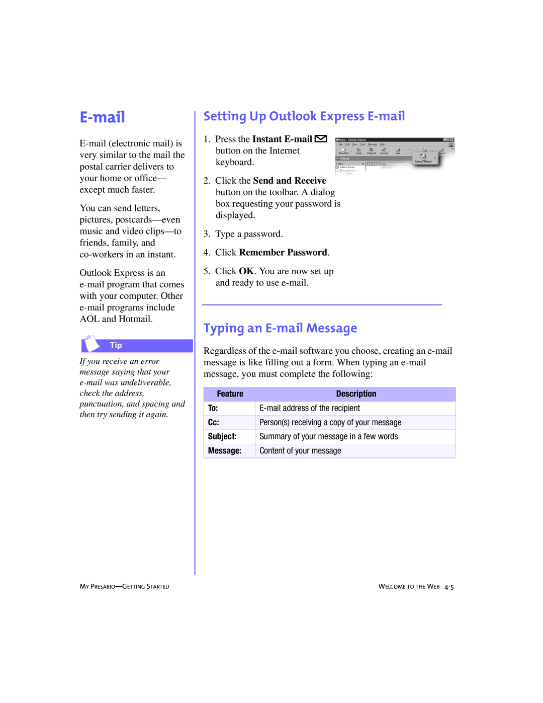 Compaq 228399-373 manual Mail, Setting Up Outlook Express E-mail, Typing an E-mail Message 