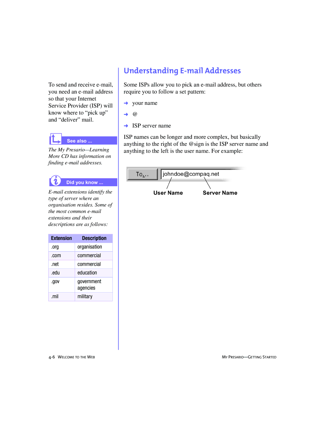 Compaq 228399-373 manual Understanding E-mail Addresses 