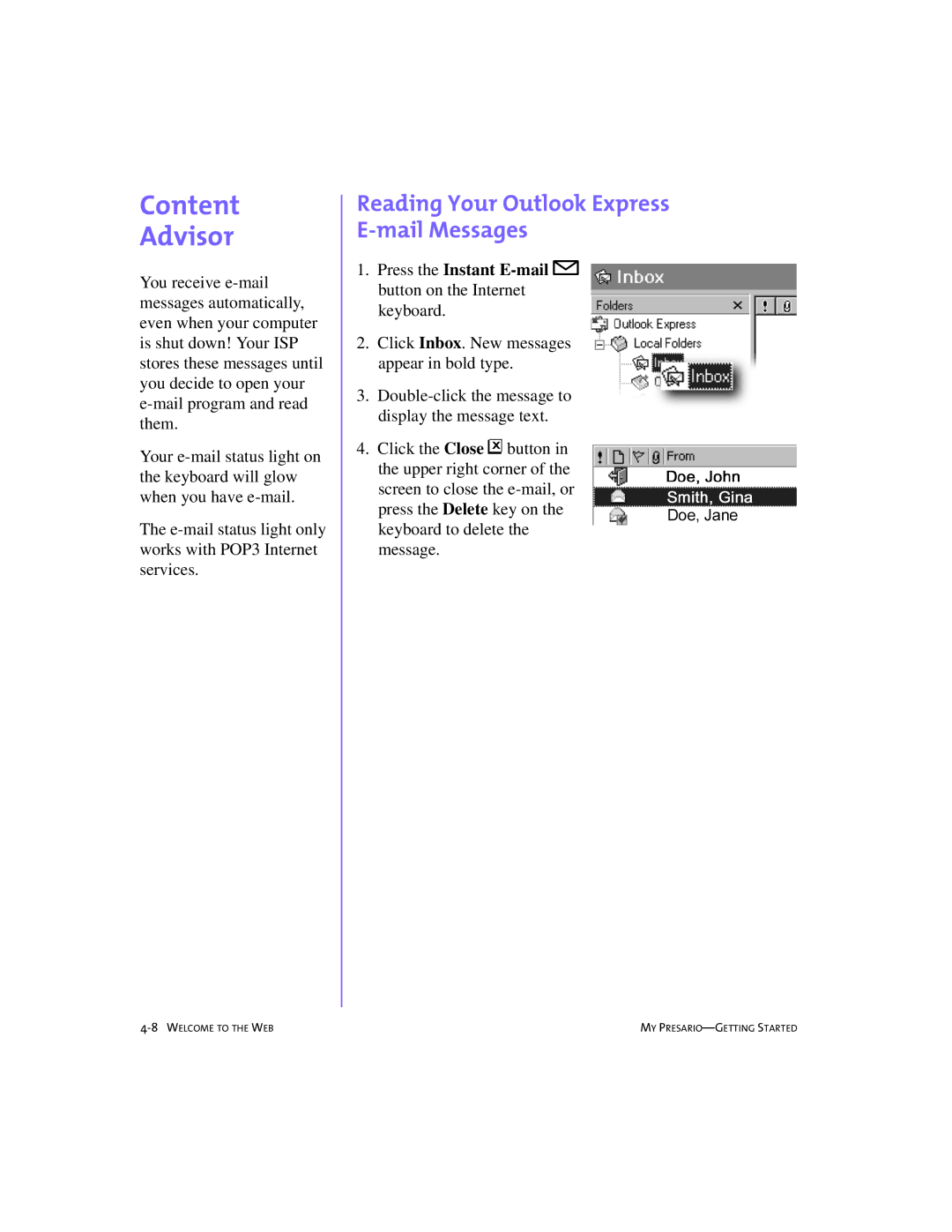 Compaq 228399-373 manual Content Advisor, Reading Your Outlook Express E-mail Messages 