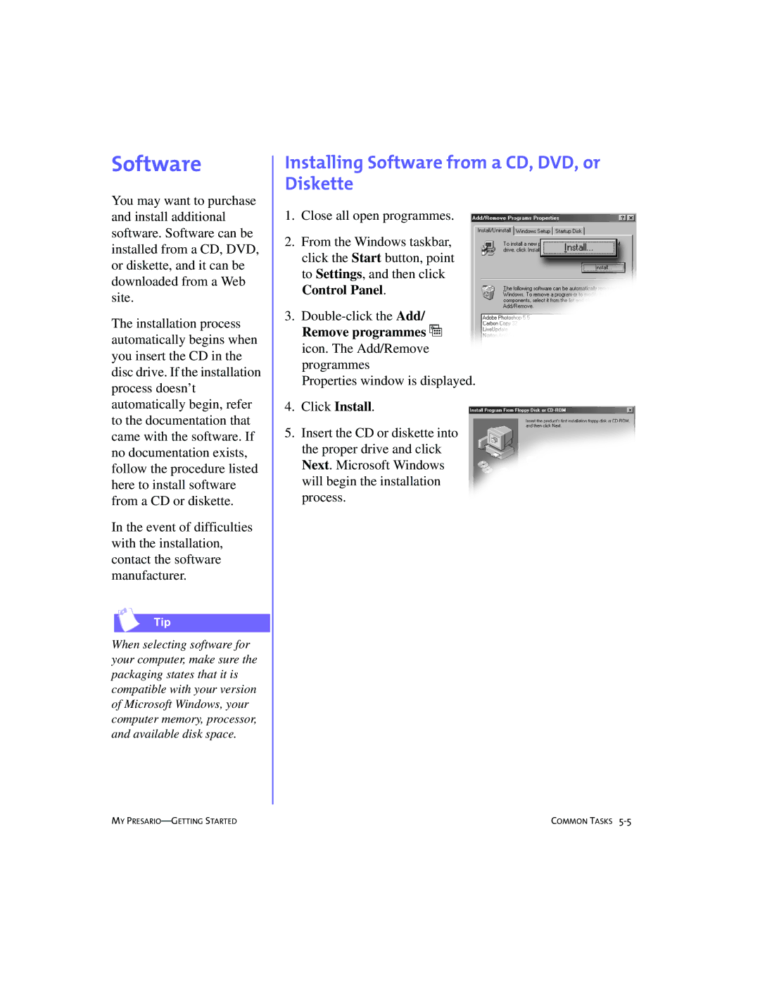 Compaq 228399-373 manual Installing Software from a CD, DVD, or Diskette 