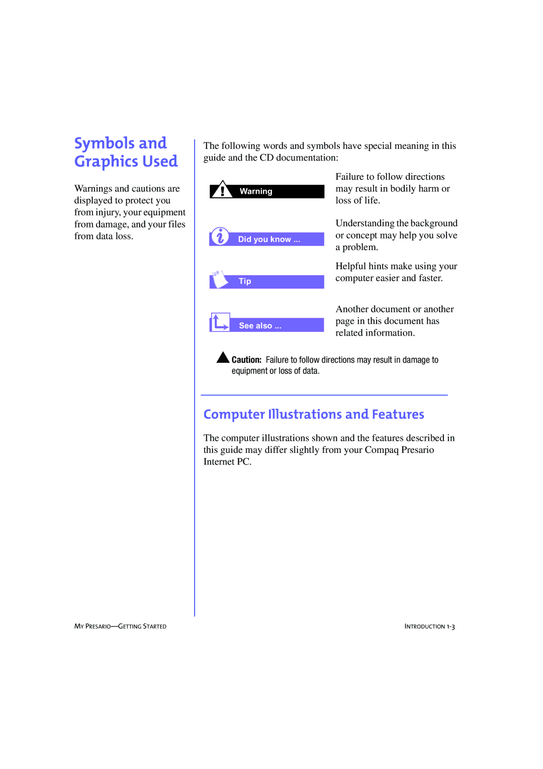 Compaq 233789-371 manual Symbols and Graphics Used, Computer Illustrations and Features 