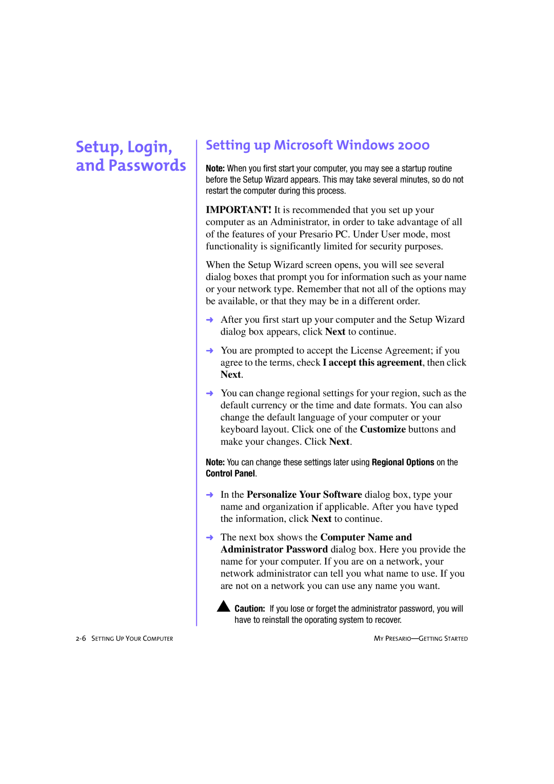 Compaq 233789-371 manual Setup, Login, and Passwords, Setting up Microsoft Windows 