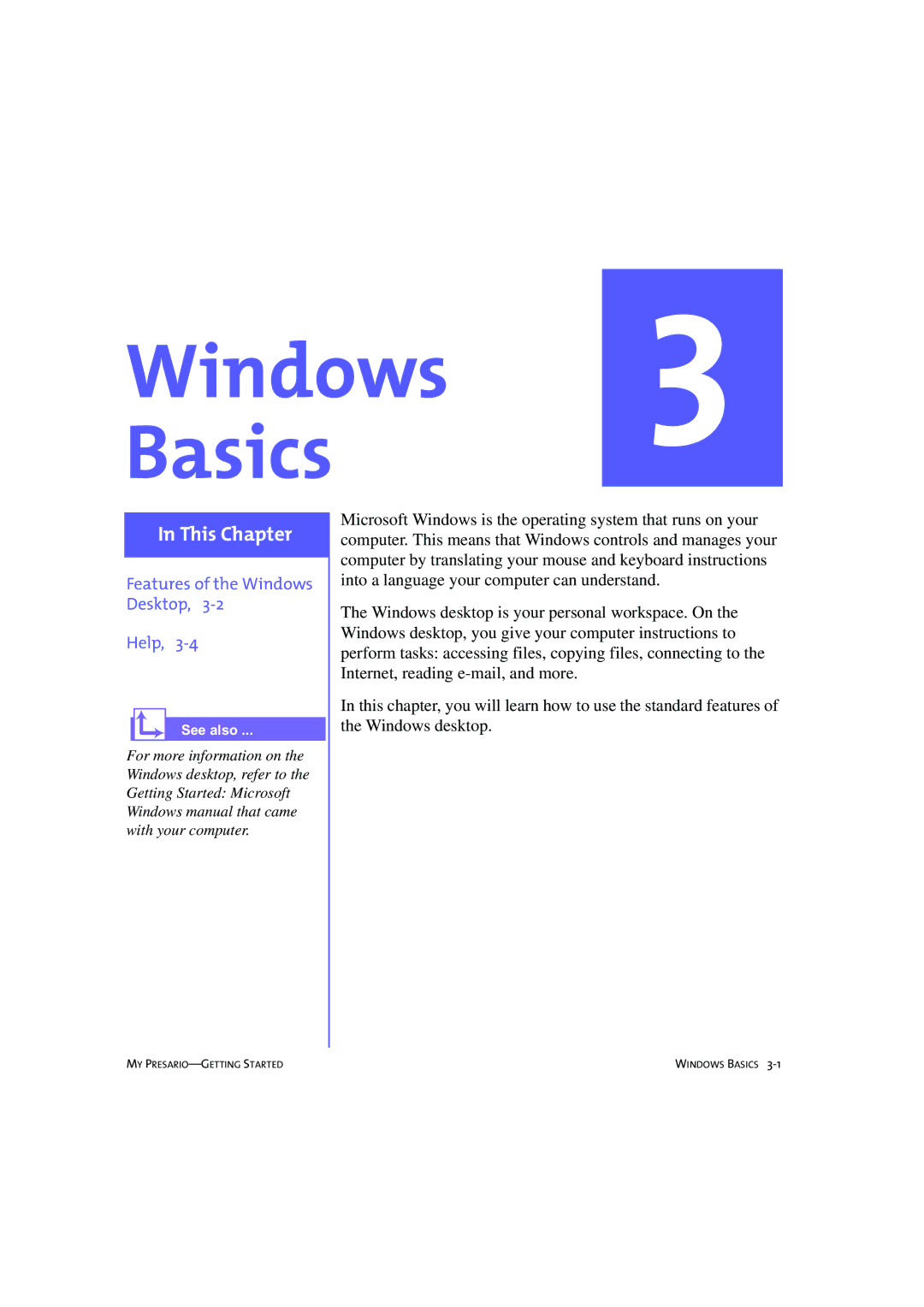 Compaq 233789-371 manual Windows 3 Basics, Features of the Windows Desktop Help 