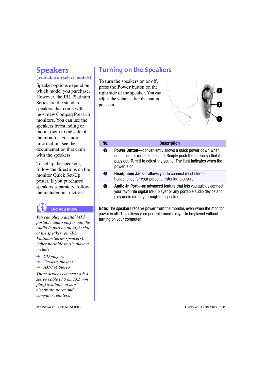 Compaq 233789-371 manual Turning on the Speakers 