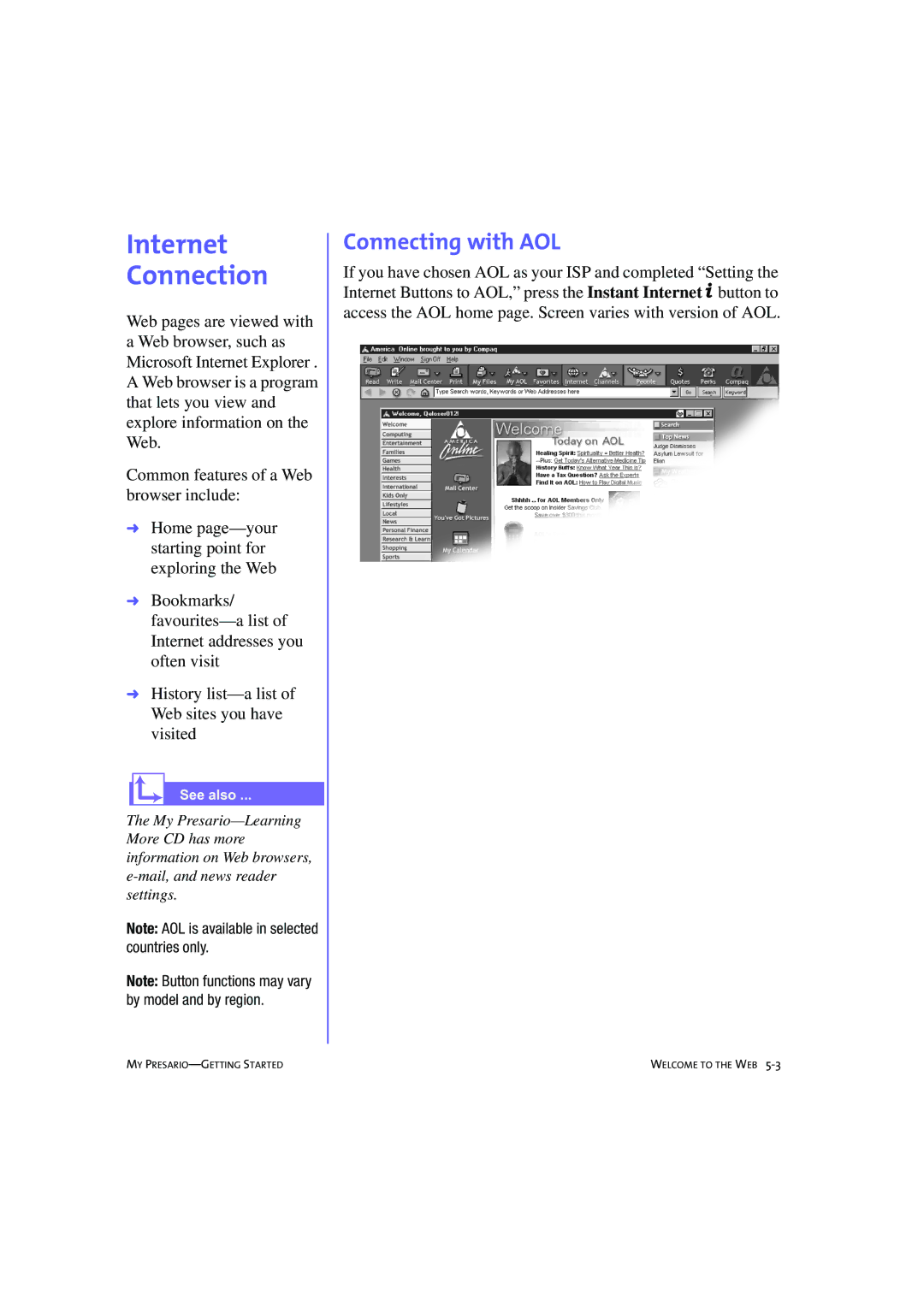 Compaq 233789-371 manual Internet Connection, Connecting with AOL 