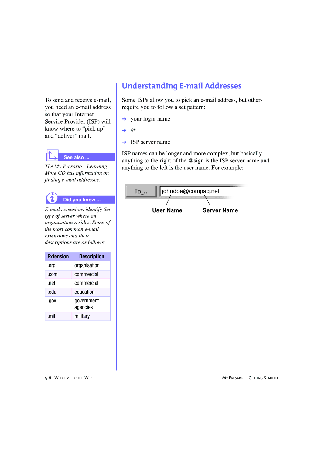 Compaq 233789-371 manual Understanding E-mail Addresses 