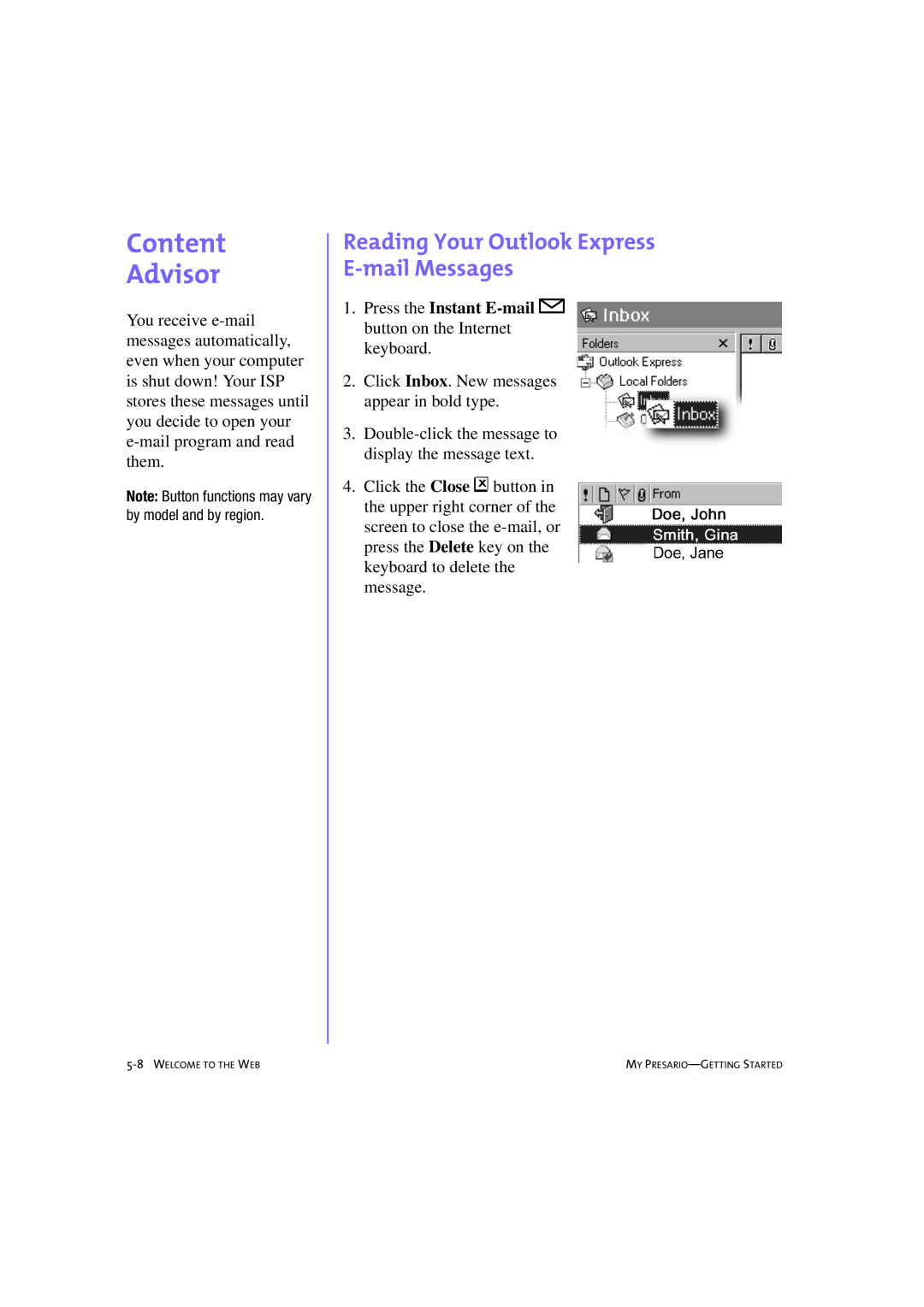 Compaq 233789-371 manual Content Advisor, Reading Your Outlook Express E-mail Messages 