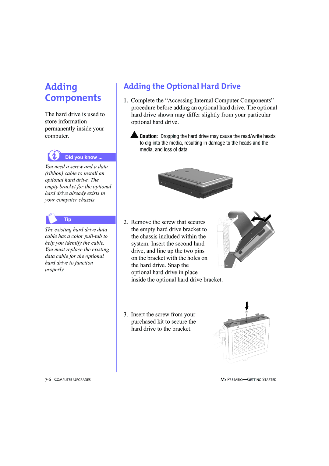 Compaq 233789-371 manual Adding Components, Adding the Optional Hard Drive 