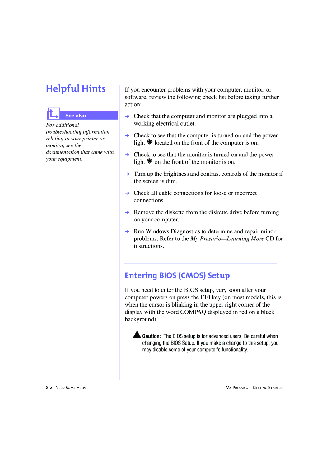 Compaq 233789-371 manual Helpful Hints, Entering Bios Cmos Setup 