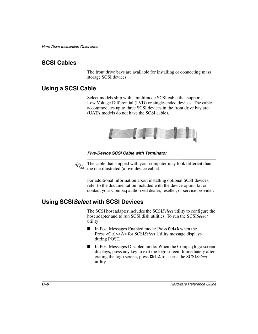 Compaq 243850-002 manual Scsi Cables, Using a Scsi Cable, Using SCSISelect with Scsi Devices 