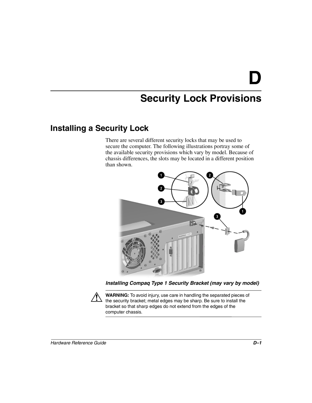 Compaq 243850-002 manual Security Lock Provisions, Installing a Security Lock 