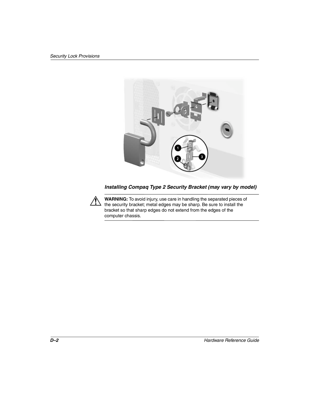 Compaq 243850-002 manual Installing Compaq Type 2 Security Bracket may vary by model 