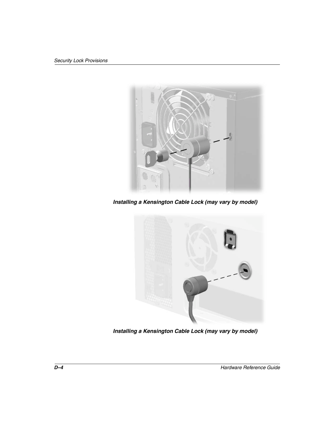 Compaq 243850-002 manual Installing a Kensington Cable Lock may vary by model 