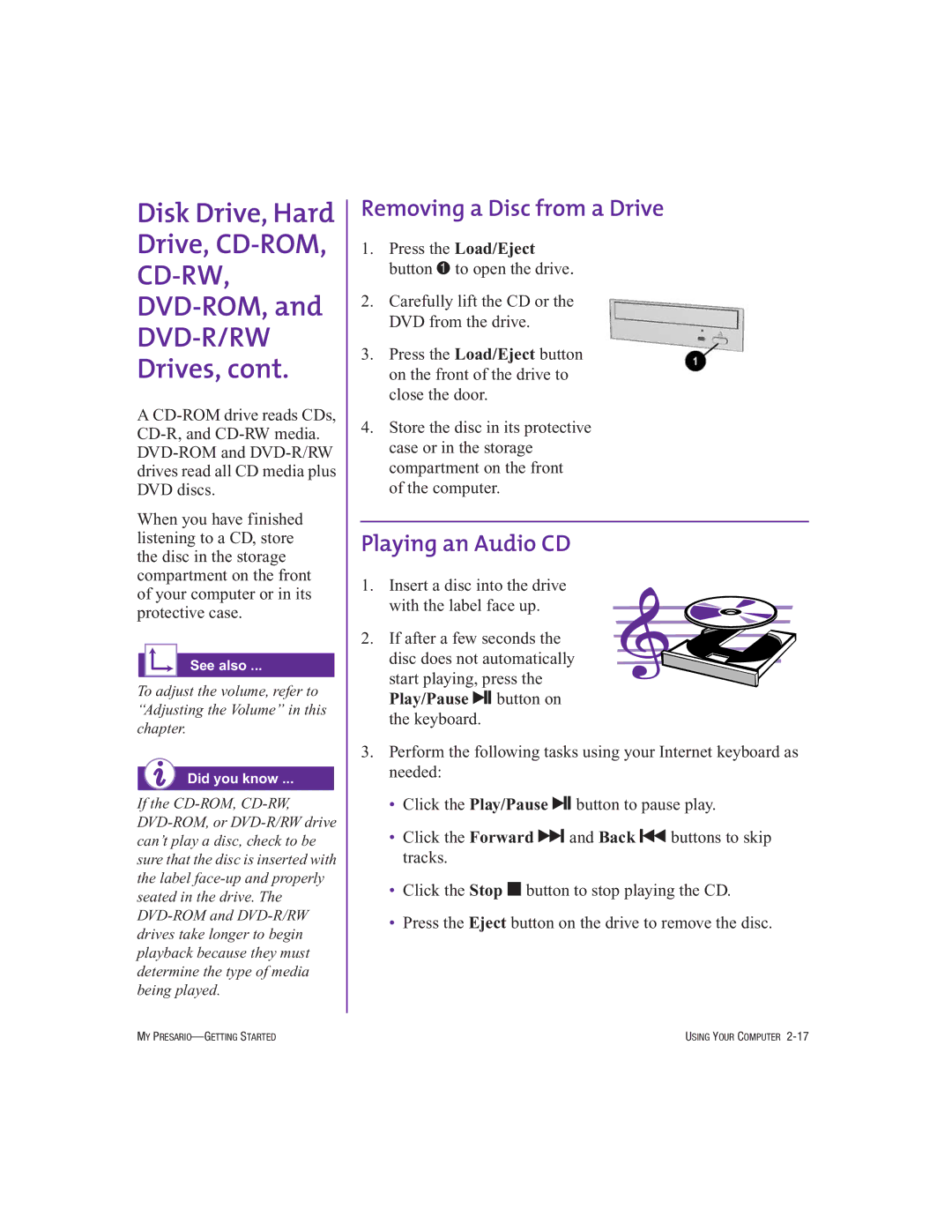 Compaq 250029-001 manual Removing a Disc from a Drive, Playing an Audio CD 