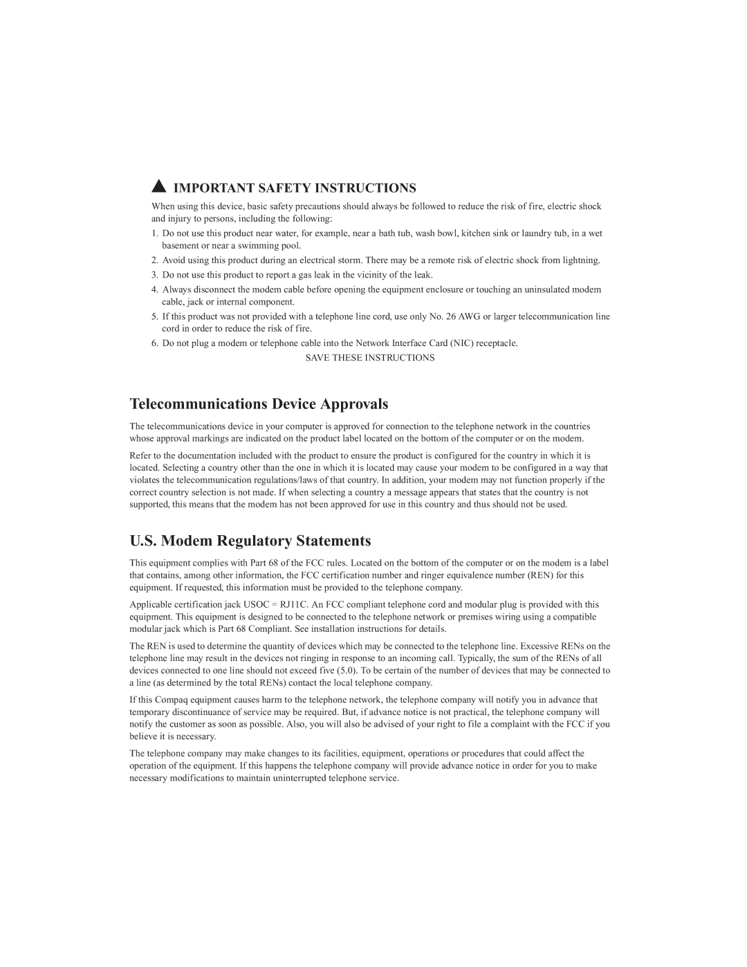 Compaq 250029-001 manual Telecommunications Device Approvals 